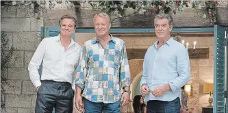  ?? JONATHAN PRIME UNIVERSAL PICTURES ?? Colin Firth, left, Stellan Skarsgard and Pierce Brosnan: Big names and good names for this movie effort.