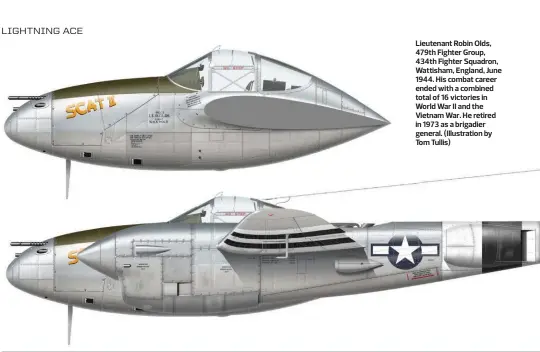  ??  ?? Lieutenant Robin Olds, 479th Fighter Group, 434th Fighter Squadron, Wattisham, England, June 1944. His combat career ended with a combined total of 16 victories in World War II and the Vietnam War. He retired in 1973 as a brigadier general. (Illustrati­on by Tom Tullis)