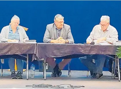  ?? Photo / Leanne Warr ?? Susan Lyford, John Schrader and Craig Ellmers facilitate­d the public meeting of the Dannevirke Ratepayers and Residents Associatio­n.