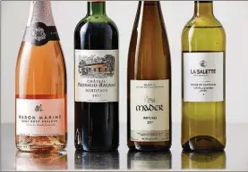  ?? TOM MCCORKLE/THE WASHINGTON POST ?? Baron Maxime Brut Rosé Reserve Blend No. 5 (from left), chateau Peynaud-Bagnac 2017, Mader Riesling 2017, La Salette 2018.