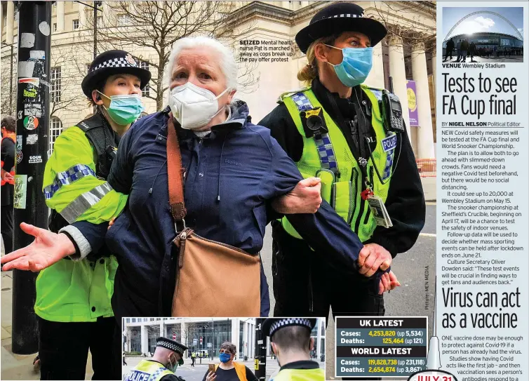  ??  ?? SEIZED Mental health nurse Pat is marched away as cops break up the pay offer protest
FINED £10K Karen arrested for breaking Covid rules after organising protest