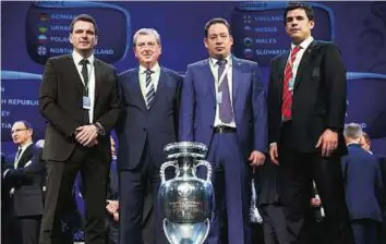  ?? Reuters ?? All to play for The coaches of the teams in Group B Slovakia’s assistant coach Stefan Tarkovic, England’s Roy Hodgson, Russia’s Leonid Slutsky, Wales’ Chris Coleman after the draw.