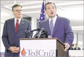 ?? PAT SULLIVAN / ASSOCIATED PRESS ?? Lt. Gov. Dan Patrick (left) is now state chairman for the presidenti­al campaign of U.S. Sen. Ted Cruz, who spoke Monday at a news conference in Houston.