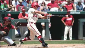  ?? NWA Democrat-Gazette/J.T. WAMPLER ?? Arkansas’ Dominic Fletcher went 2 for 4 with 2 runs and 4 RBI in the Razorbacks’ 9-7 victory Sunday against Alabama at Baum Stadium in Fayettevil­le. Fletcher’s three-run home run in the fifth inning put Arkansas up 8-7.