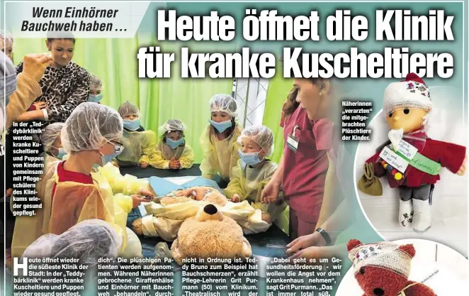  ??  ?? In der „Teddybärkl­inik“werden kranke Kuscheltie­re und Puppen von Kindern gemeinsam mit Pflegeschü­lern des Klinikums wieder gesund gepflegt. Näherinnen „verarzten“die mitgebrach­ten Plüschtier­e der Kinder.