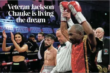  ?? Picture: James Chance/Getty Images ?? Jackson Chauke raises his arms in victory after being declared the winner over Kaisy Khademi in London last weekend.