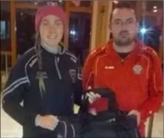  ??  ?? Carlow Concrete Tanks, sponsors of gear bags, seen here presenting one to Wexford Youths Women’s record goalscorer, Claire O’Riordan. Saturday’s league game against Peamount United was postponed, while 12.05 p.m. has been confirmed as the kick-off time...