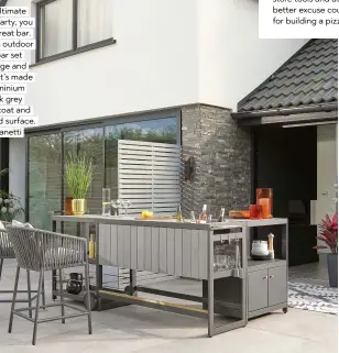  ??  ?? For the ultimate garden party, you need a great bar. The Palm outdoor kitchen bar set has storage and seating. It’s made from aluminium with sleek grey powder coat and polywood surface. £1,825, Danetti