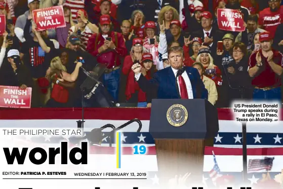  ??  ?? US President Donald Trump speaks during a rally in El Paso, Texas on Monday.