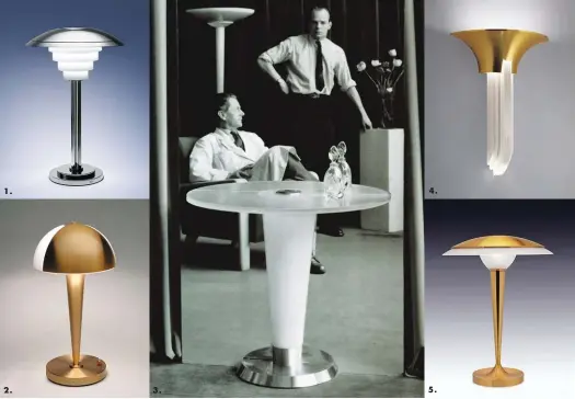  ??  ?? 4. 1. 5. 2. 3. 1. L’iconique lampe « 162 » de Jean Perzel, 1927, choisie par Le Corbusier, quatre cylindres en verre optique émaillé extra-blanc. 2. Lampe « 509 bis », de Jean Perzel, au cache pivotant adaptant l’intensité lumineuse, 1929, pour la Cité universita­ire. 3. Jean Perzel et son neveu François Raidt, en 1954. 4. Applique « 651 », vasques bronze, dalles de verre dépoli, pour l’ONU. 5. Lampe « 514 » choisie pour le paquebot Normandie. L’ensemble signé Jean Perzel.
