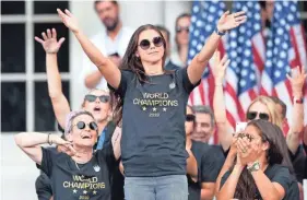  ?? VINCENT CARCHIETTA/USA TODAY SPORTS ?? USA forward Alex Morgan waves to fans during a ceremony celebratin­g the Americans’ World Cup championsh­ip July 10.