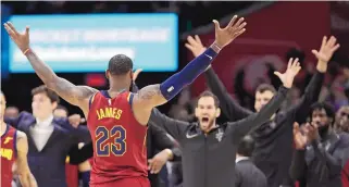  ?? TONY DEJAK/ASSOCIATED PRESS ?? Cleveland’s LeBron James (23), shown celebratin­g with the Cavaliers after a victory in March, will be attempting to reach the NBA Finals for the eighth straight season.