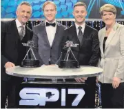  ??  ?? Top table: (from left) BBC Sports Personalit­y of the Year host Gary Lineker, third-placed Jonnie Peacock, Jonathan Rea and co-host Claire Balding at Sunday night’s awards ceremony in Liverpool