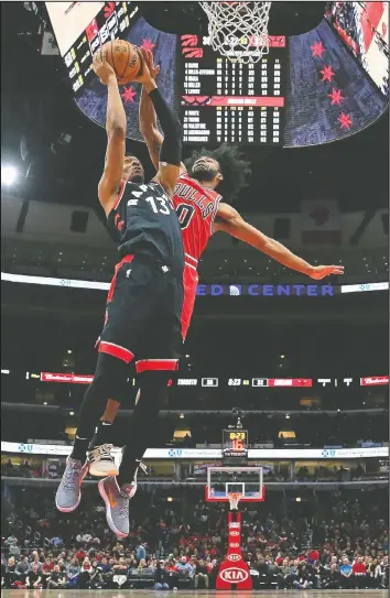  ?? — GETTY IMAGES ?? Raptors’ forward Malcolm Miller, shown at left in a game against the Bulls this season, worked out with assistant coach Brittni Donaldson in Toronto Wednesday.