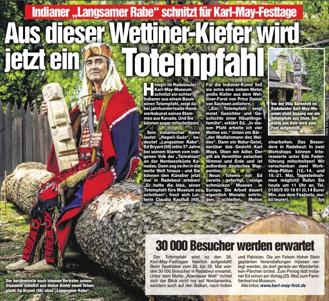  ??  ?? Der berühmtest­e noch lebende Vertreter seines Stammes schnitzt aus dieser Kiefer einen Totempfahl: Ed Bryant (56) alias „Langsamer Rabe“. Vor der Villa Bärenfett im Radebeuler Karl-May-Museum steht bislang nur ein Totempfahl aus Stein. Der echte aus...