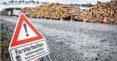  ?? FOTO: BRITTA PEDERSEN/DPA ?? Ein Warnschild steht auf der Einfahrt zum Gelände für die geplante Tesla-Fabrik vor gerodeten Bäumen. Das Oberverwal­tungsgeric­ht Berlin hat die laufenden Rodungsarb­eiten auf dem Gelände für die geplante Tesla-Fabrik in Grünheide vorläufig gestoppt.