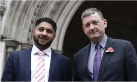  ?? Photograph: Alastair Grant/AP ?? Former Uber drivers Yaseen Aslam, left, and James Farrar outside the Royal Courts of Justice ahead of the landmark ruling over employment rights in London.