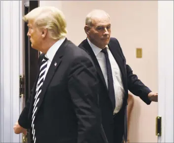  ?? Olivier Douliery / TNS ?? Chief of staff John Kelly, right, holds the door for President Donald Trump during an event on illegal immigratio­n and border security in the Roosevelt Room at the White House in Washington, D.C., on Nov. 1. Trump said Saturday that Kelly will leave his position at the end of the year.