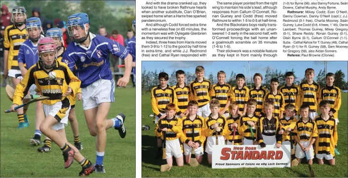  ??  ?? Rathnure defender Eoin O’Neill is pursued by Jack Hennessy. The Rathnure panel prior to the final in Ferns.