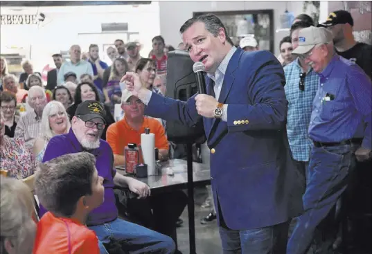  ?? Ronald W. Erdrich The Associated Press ?? U.S. Sen. Ted Cruz gets a laugh after joking about the Democratic Party during a campaign stop Thursday in Abilene, Texas.