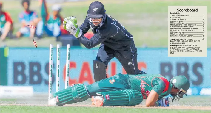  ?? Photo / Photosport ?? Bangladesh batsman Sabbir Rahman Roman is stumped by Black Caps wicketkeep­er Tom Latham for 13 at McLean Park in Napier yesterday.