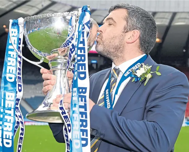  ??  ?? CUP-WINNING BOSS: Callum Davidson with the League Cup trophy after St Johnstone’s 1-0 win over Livingston at Hampden yesterday.