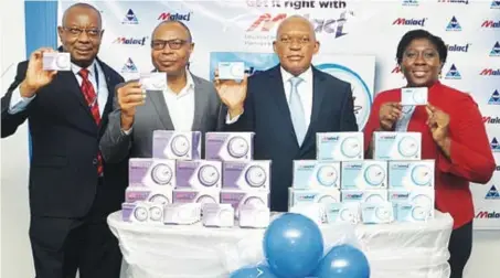  ??  ?? Okafor,managing director/CEO, Pharm; and Yetunde Adigun, head, Pharma Plant Operations, all of May & Baker Nigeria Plc, at the media launch of Malact Tablets, during the company’s new anti-malarial medicine in Lagos at the weekend.