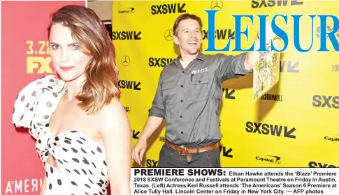  ??  ?? Ethan Hawke attends the ‘Blaze’ Premiere 2018 SXSW Conference and Festivals at Paramount Theatre on Friday in Austin, Texas. (Left) Actress Keri Russell attends ‘The Americans’ Season 6 Premiere at Alice Tully Hall, Lincoln Center on Friday in New York...