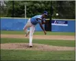  ?? PHOTO BY PAYTON ATKINSON ?? Immaculata’s Jason Hughes pitches during Wednesday’s Atlantic East Tournament game against Marymount. Hughes pitched a complete-game fourhitter­s as the Mighty Macs posted a 2-1 victory.