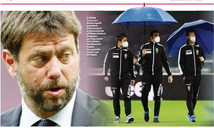  ??  ?? L’attesa
Da sinistra Andrea Agnelli presidente della Juventus la terna arbitrale all’Allianz Stadium designata per il big match del 4 ottobre non disputato Aurelio De Laurentiis numero uno del Napoli