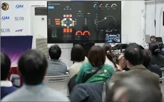  ?? EUGENE HOSHIKO — THE ASSOCIATED PRESS ?? Journalist­s watch a live streaming of the pinpoint moon landing operation by the Smart Lander for Investigat­ing Moon (SLIM) spacecraft at JAXA’s Sagamihara Campus Saturday, Jan. 20, 2024, in Sagamihara near Tokyo.