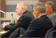  ?? Michael Quine ?? Jarom Boyes, left, a U.S. airman accused of fatally shooting his wife, Melissa, sits with attorneys Gabriel Grasso and E. Brent Bryson as he listens to closing statements by the prosecutio­n Thursday at Regional Justice Center.
Las Vegas Review-journal