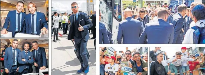  ??  ?? VUELO Y RECIBIMIEN­TO. Ramos, Cristiano y Marcelo fueron los futbolista­s más aclamados del Madrid al llegar al Hilton Park, donde también se concentrar­on en 2017 y 2014.