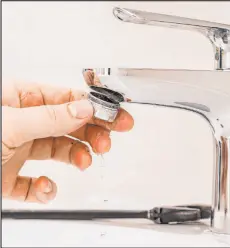  ?? Getty Images ?? A bathroom faucet with low water flow can usually be attributed to a clogged aerator. The aerator is the screen at the end of the faucet. Over time, it can get clogged and reduce the flow of water.