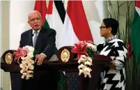  ?? (Willy Kurniawan/Reuters) ?? PALESTINIA­N FOREIGN MINISTER Riyad al-Maliki and Indonesian Foreign Minister Retno Marsudi attend a media briefing in Jakarta yesterday.