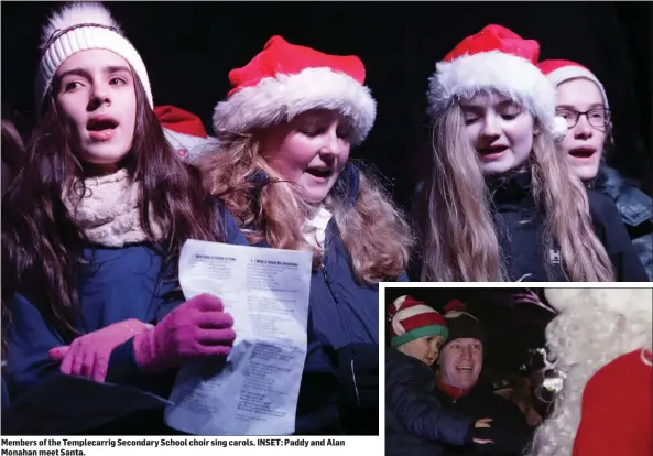  ??  ?? Members of the Templecarr­ig Secondary School choir sing carols. INSET: Paddy and Alan Monahan meet Santa.