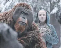  ?? Provided by Twentieth Century Fox ?? Karin Konoval, left, the wonderfull­y wise elder Maurice the orangutan looks after Amiah Miller, a mute little human girl who has been orphaned in "War for the Planet of the Apes."