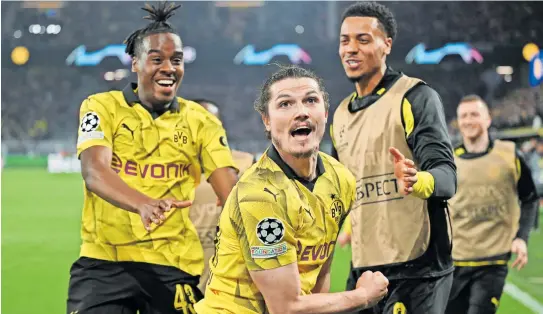  ?? [APA/DPA/Bernd Thissen] ?? Marcel Sabitzer im BVB-Glück: Dortmund steht im Halbfinale der Champions League.