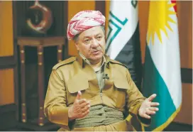  ?? (Azad Lashkari/Reuters) ?? TIMING FOR independen­ce is ‘flexible but not open-ended.’ Masoud Barzani, president of Iraq’s Kurdistan region, speaks with Reuters during an interview in Erbil on July 6.