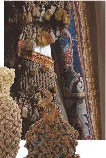  ??  ?? This curtain with sections of Beauvais tapestry ( right) inspired the Waddesdon Passemente­rie Vase and Knotted Gourd ( below)