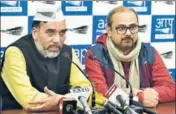  ?? PTI ?? Senior AAP leaders Gopal Rai and Dilip Pandey address a press conference in New Delhi on Sunday.