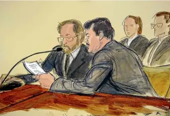  ?? AP ?? Joaquin ‘‘El Chapo’’ Guzman, foreground right, reads a statement through an interprete­r during his sentencing in federal court in New york.