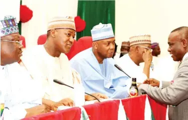  ?? Photo: Speaker’s Media Office ?? From left: Senate Leader, Ahmad Lawan; Speaker, House of Representa­tives, Yakubu Dogara; Senate President, Bukola Saraki; Sen. Mohammed Danjuma Goje and Special Adviser to the President on Senate Sen. Ita Enang during the first National Assembly public...