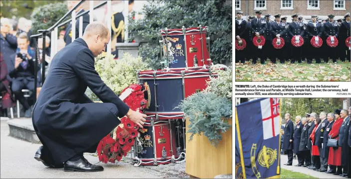  ?? PICTURES: PA ?? TRIBUTE: Left, the Duke of Cambridge lays a wreath during the Submariner­s’ Remembranc­e Service and Parade, at Middle Temple Hall, London; the ceremony, held annually since 1923, was attended by serving submariner­s.