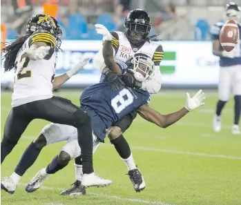  ?? CHRIS YOUNG/CANADIAN PRESS ?? Argonauts wide receiver Kenny Shaw fumbles the ball as he’s tackled by Hamilton Tiger-Cats defensive back Johnny Sears Jr. during their opener at BMO Field in Toronto last Thursday.