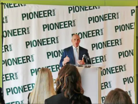  ?? PHOTO PROVIDED. ?? Pioneer Bank president and CEO Tom Amell announces the Pioneer Bank Foundation, dedicated to “Helping Kids Be Kids,” at Pioneer Bank Headquarte­rs on Thursday.