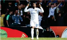  ?? ?? Wilfried Gnonto shows his delight after giving Leeds the lead. Photograph: Richard Sellers/PA