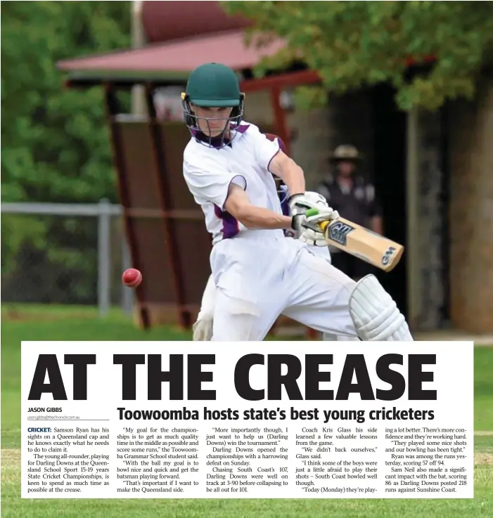 ?? Photo: Kevin Farmer ?? TOP SHOT: William Finch bats for Sunshine Coast against Darling Downs in the Queensland School Sport 15-19 years Cricket State Championsh­ips at Captain Cook Oval yesterday.