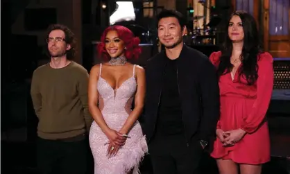  ?? ?? Kyle Mooney, musical guest Saweetie, host Simu Liu and Cecily Strong. Photograph: NBC/NBCU Photo Bank/Getty Images