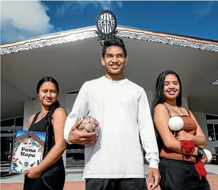  ?? CHRISTEL YARDLEY / FAIRFAX NZ ?? Ngamoka Rota, 18, Matawhaiti Nepe-Pohatu, 17, and Taamia Rapana, 17, were among the students who passed NCEA Level 2 last year at Te Wharekura o Rakaumanga­manga School in Huntly.